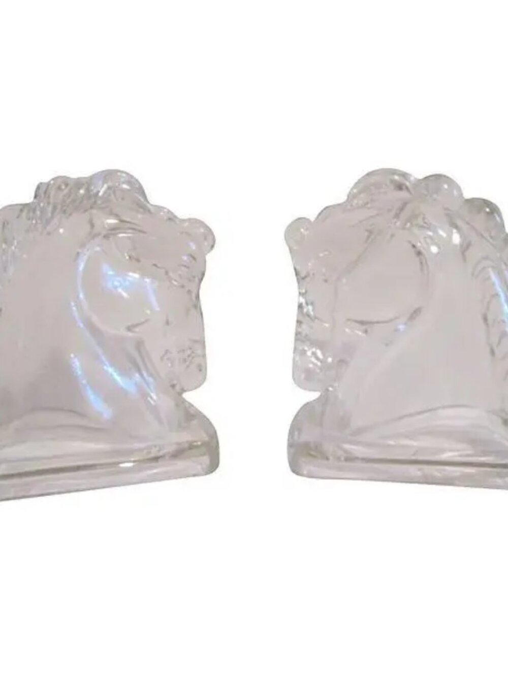 Mid-Century Clear Glass Horsehead Bookends, Pair